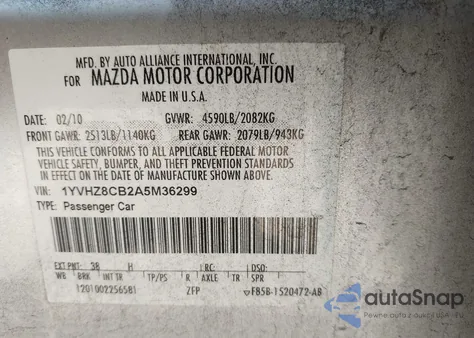 2010 Mazda Mazda6 S Touring Plus из США, поврежденный, VIN 1YVHZ8CB2A5M36299